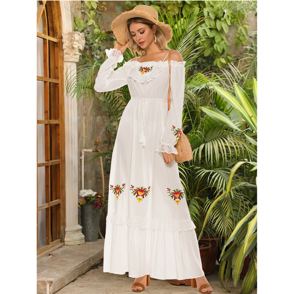Bohemian Style Women Long Dress Elegant Lace Embroidery Dress Summer Sexy Slash Neck Beach Casual Sundress Vestido 2021 Fashion
Bohemian Style Women Long Dress Elegant Lace Embroidery Dress Summer Sexy Slash Neck Beach Casual Sundress Vestido 2021 Fashion