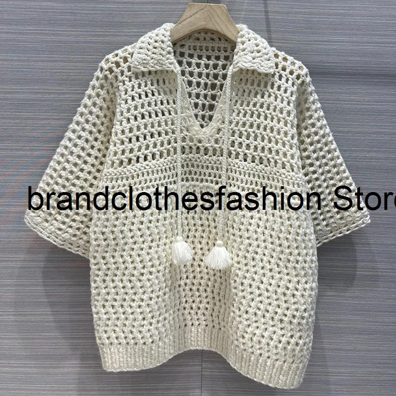Ecru All Hand-Crocheted Cashmere Openwork Sweater Women High Quality Turn-Down Collar Tassel Tie Half Sleeve Pullover Lady 2021
Ecru All Hand-Crocheted Cashmere Openwork Sweater Women High Quality Turn-Down Collar Tassel Tie Half Sleeve Pullover Lady 2021