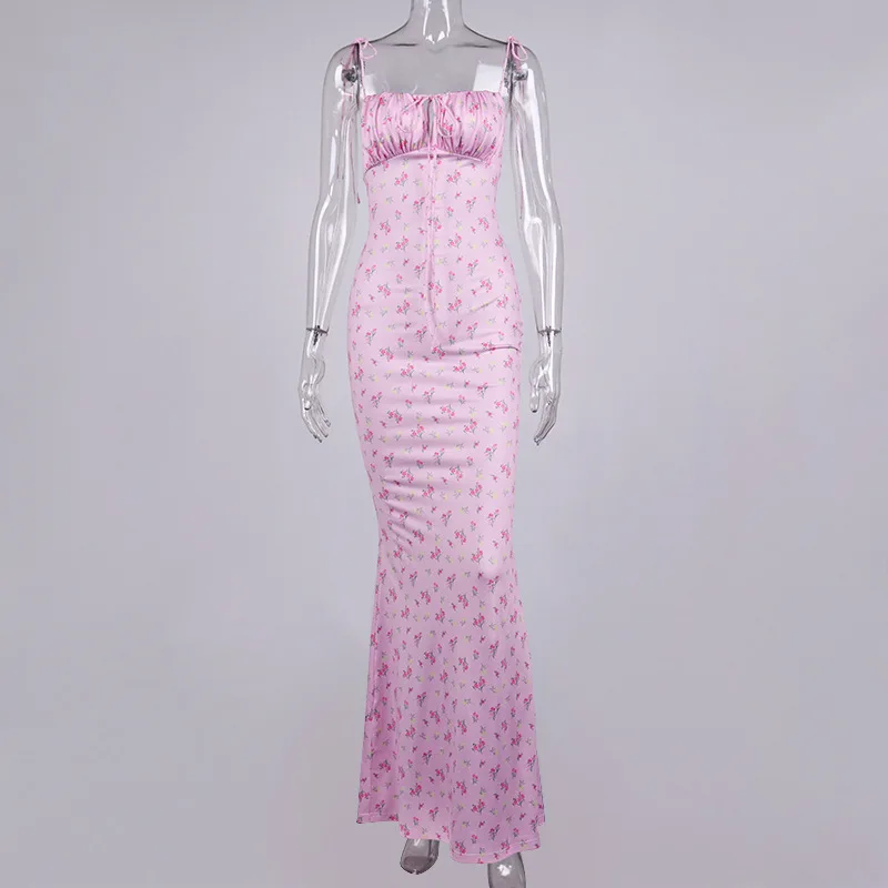 2021 Summer New Women's Clothing Sexy Floral Pleated Backless Self-Tie Dress Vacation Style Dress