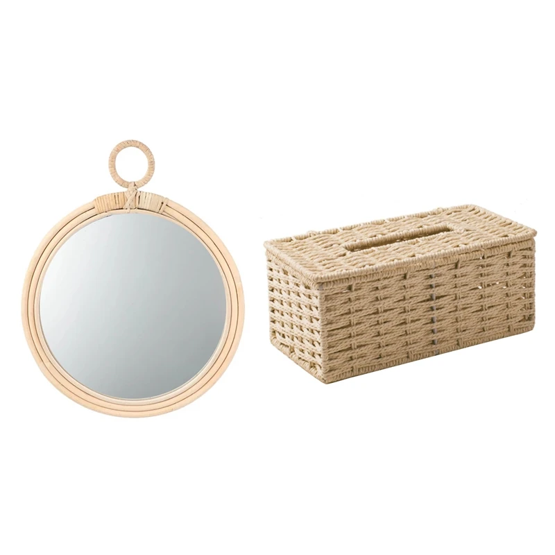 Rattan Tissue Box, Vintage Napkin Holder, Case Clutter Storage Container with 1PC Willow Woven Ornamental Mirror
Rattan Tissue Box, Vintage Napkin Holder, Case Clutter Storage Container with 1PC Willow Woven Ornamental Mirror