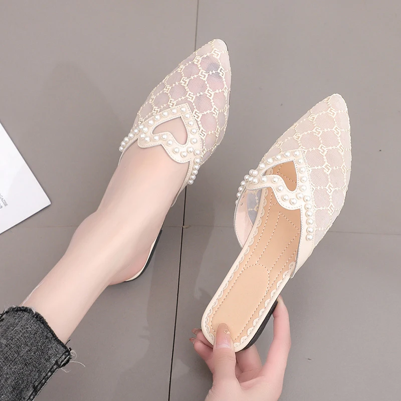 

Women Pointed Toe Loafer Slip-on Mules Wedding Pump Party Luxury Designer Shoe Low Heel Ballet Shoes Ladies Casual Mesh