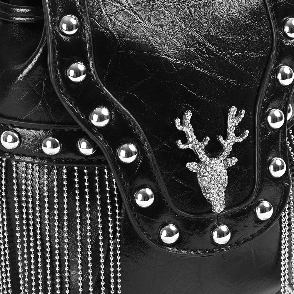 Punk Rock Womens Backpack Black Leather Deer Tassel Rivet Bag New Style Halloween Party Bag
Punk Rock Womens Backpack Black Leather Deer Tassel Rivet Bag New Style Halloween Party Bag