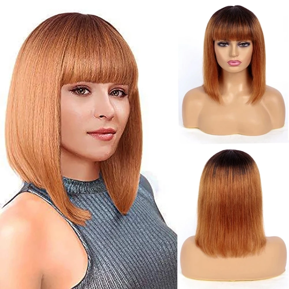 

Dark Blonde Ombre Human Hair Wig with Bangs Peruvian Remy Hair Bob Wig Straight Full Machine Made Wig Two Tone T1B/#30
