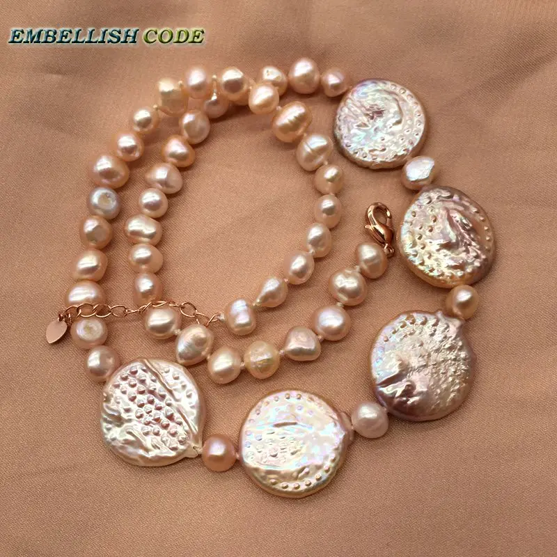 ethnic style peach large flat round coin and 7mm baroque pearl bead shape freshwater pearls choker necklace fold face for women 
ethnic style peach large flat round coin and 7mm baroque pearl bead shape freshwater pearls choker necklace fold face for women