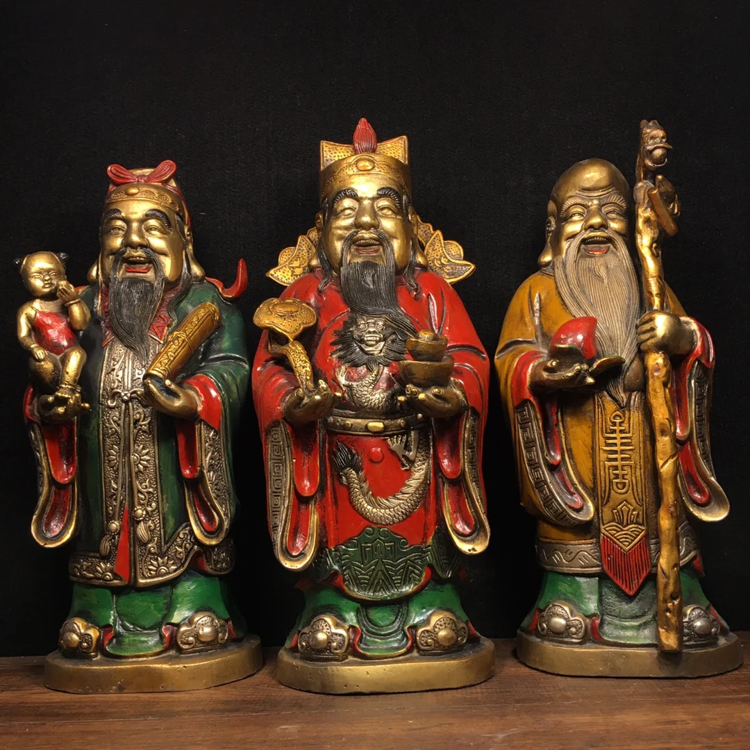 13"Tibet Temple Collection Old Bronze Painted Fu Lu Shou Samsung set longevity Gather wealth Sitting Buddha Ornaments Town House
13"Tibet Temple Collection Old Bronze Painted Fu Lu Shou Samsung set longevity Gather wealth Sitting Buddha Ornaments Town House