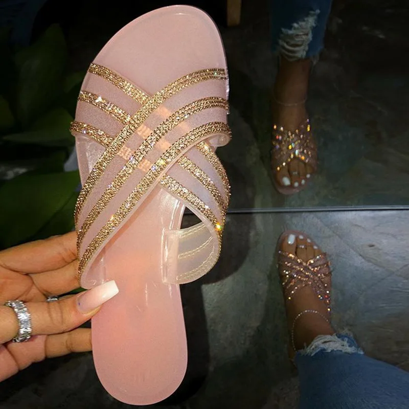 Фото 2020 прозрачные шлепанцы модные блестящие с кристаллами женские летние сандалии
