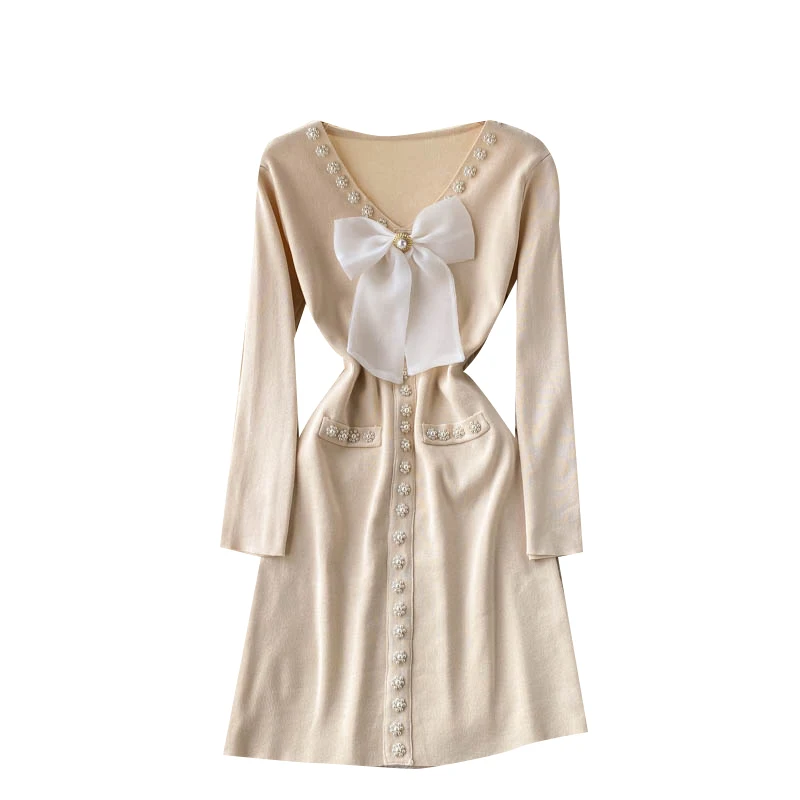 New Spring Autumn Women V-Neck Long Sleeve Slim Mini Dress High Quality Beading Bow Decoration Knitted Dress
New Spring Autumn Women V-Neck Long Sleeve Slim Mini Dress High Quality Beading Bow Decoration Knitted Dress