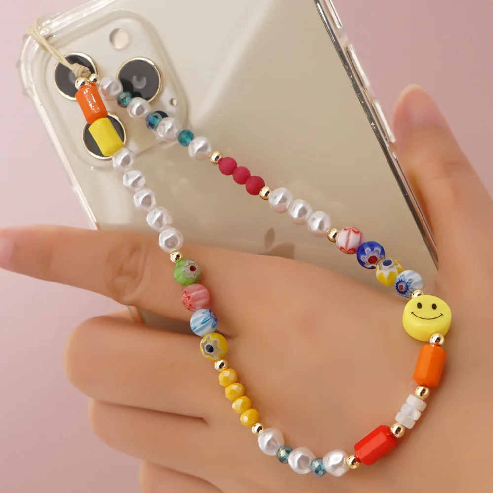 Kiwiberry Mobile Phone Chain Colored glass beaded phone chain imitation pearl smiley face crystal beads anti-lost phone lanyard
Kiwiberry Mobile Phone Chain Colored glass beaded phone chain imitation pearl smiley face crystal beads anti-lost phone lanyard