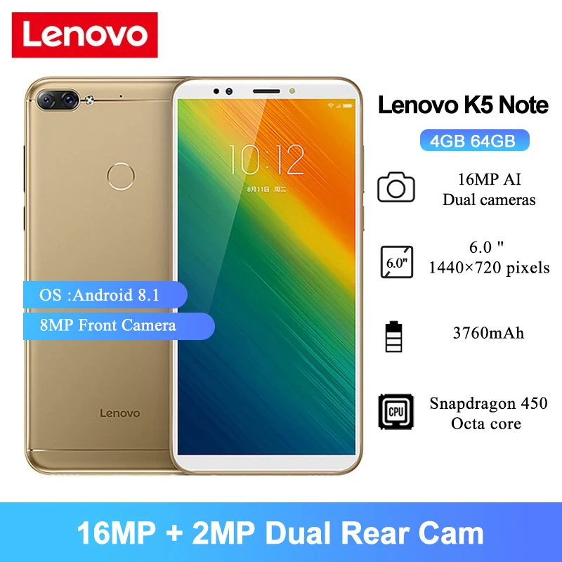Lenovo K5 Note Smartphone 6.0" Snapdragon 450 Octa core 8MP Front Camera 3760mAh 4GB 64GB 4G LTE Cellphone
Lenovo K5 Note Smartphone 6.0" Snapdragon 450 Octa core 8MP Front Camera 3760mAh 4GB 64GB 4G LTE Cellphone