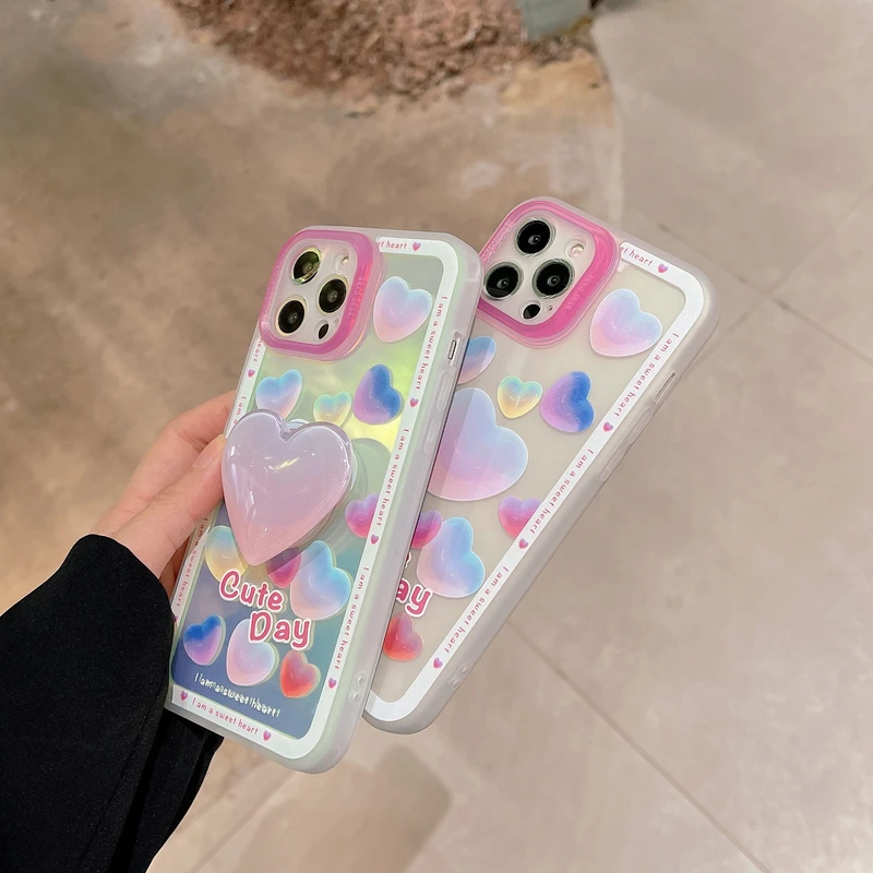 

Cute Love Heart Laser Blu-ray Korea Phone Case For iPhone 13 12 11 Pro Max Cases X Xs Max Xr 7 8 Puls Case Soft Silicone Cover