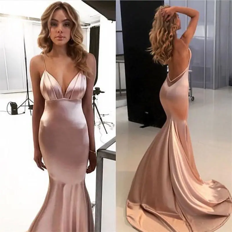 2020 Simple Open Back Mermaid Prom Dresses New Sleeveless Sweep Strain Pleats V Neck Spaghetti Formal Evening Dress Party G
2020 Simple Open Back Mermaid Prom Dresses New Sleeveless Sweep Strain Pleats V Neck Spaghetti Formal Evening Dress Party G