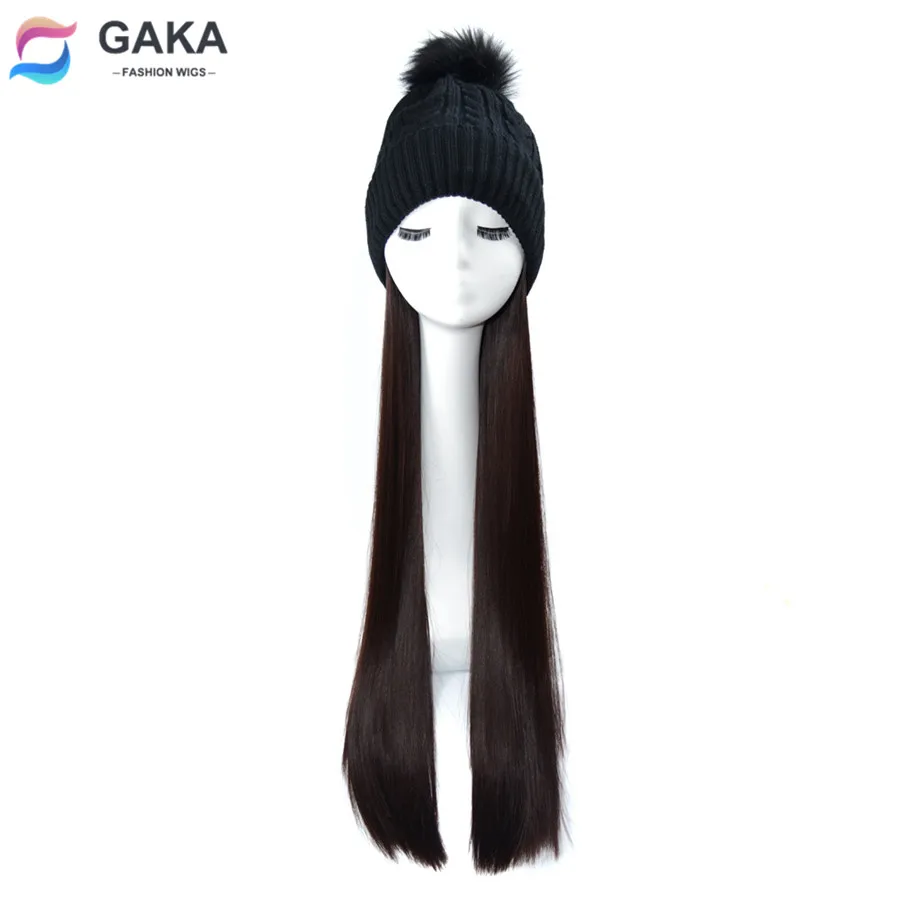 

GAKA Hair шляпы парики черный вязаный утолщенный Хлопок теплая шапка синтетический длинный прямой парик с шляпой