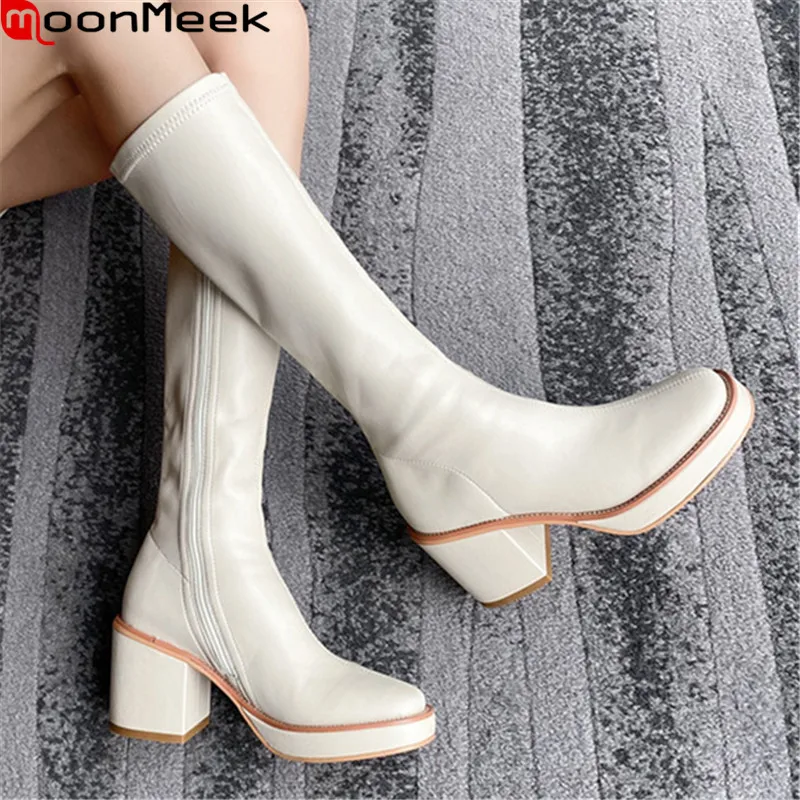 

MoonMeek 2020 New hot sale knee high boots thick heels square toe winter ladies shoes winter black rice white color women boots