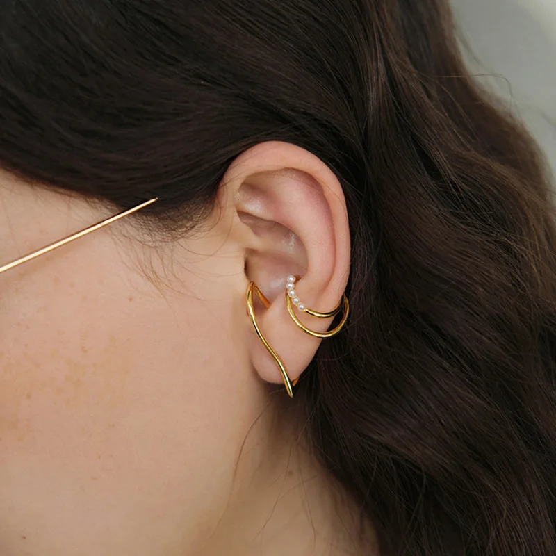 

VENTFILLE 925 Sterling Silver A Pair Of Faux Pearl Non-Pierced Ear Clip Female French Double-Layer Line Ear Bone Clip Earrings