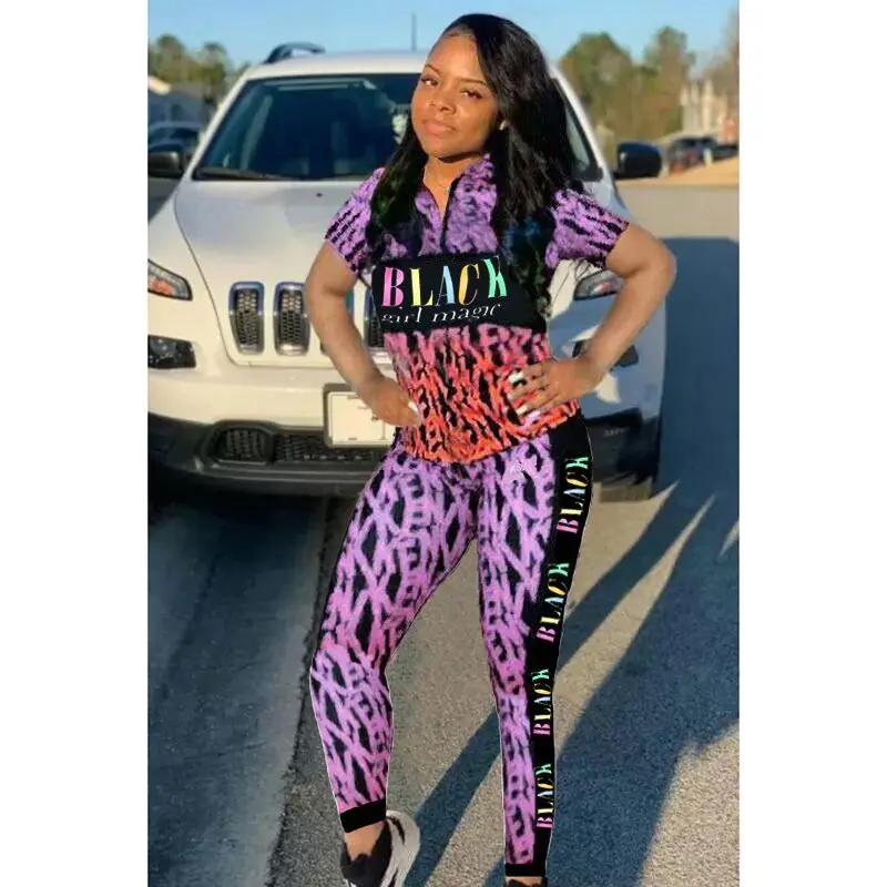 European fashion alphabet print women's sports two piece set loose V-neck short sleeve T-shirt and trousers set
European fashion alphabet print women's sports two piece set loose V-neck short sleeve T-shirt and trousers set