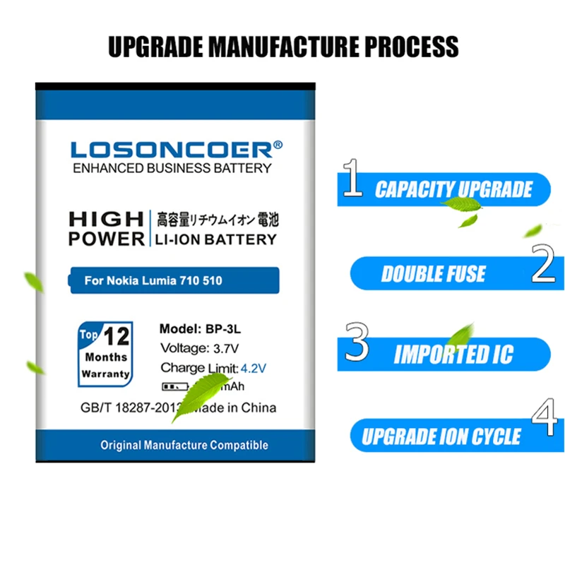 Аккумулятор LOSONCOER 100% BP-3L мА · ч для Nokia Lumia 3100 710 510 603 303 610 3030 505 610C 900