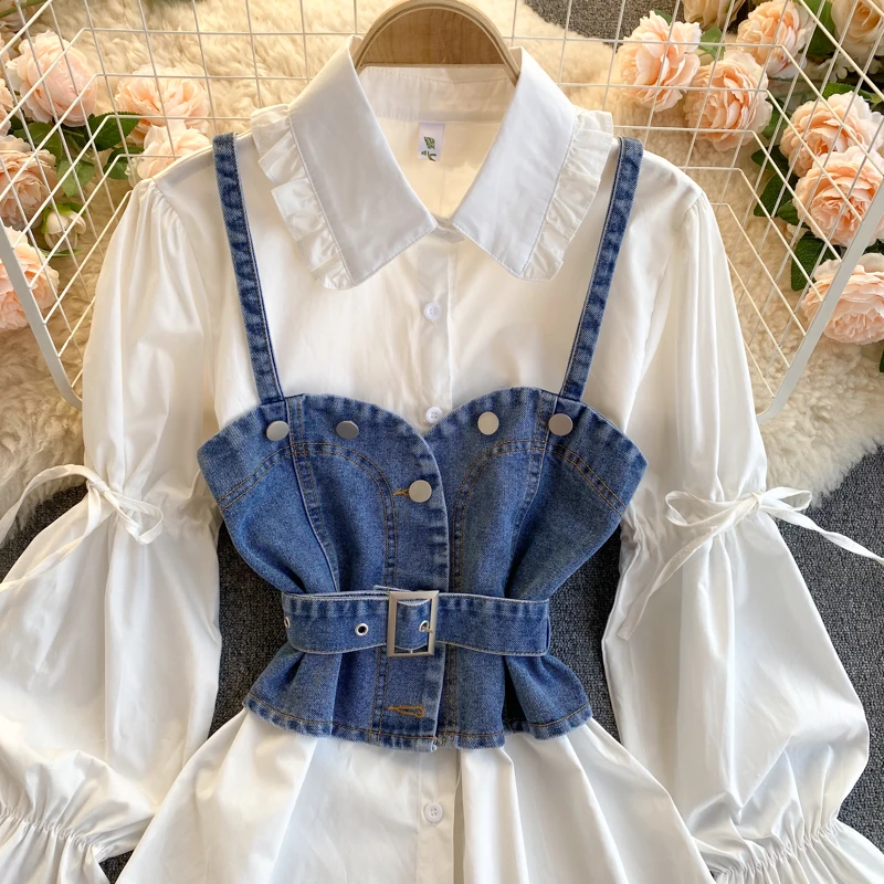 Women's 2021 Spring Vintage Puff Long Sleeve Solid White Shirt Dress Denim Spaghetti Strap Vest Single-Breasted Long Blouse Tops
Women's 2021 Spring Vintage Puff Long Sleeve Solid White Shirt Dress Denim Spaghetti Strap Vest Single-Breasted Long Blouse Tops