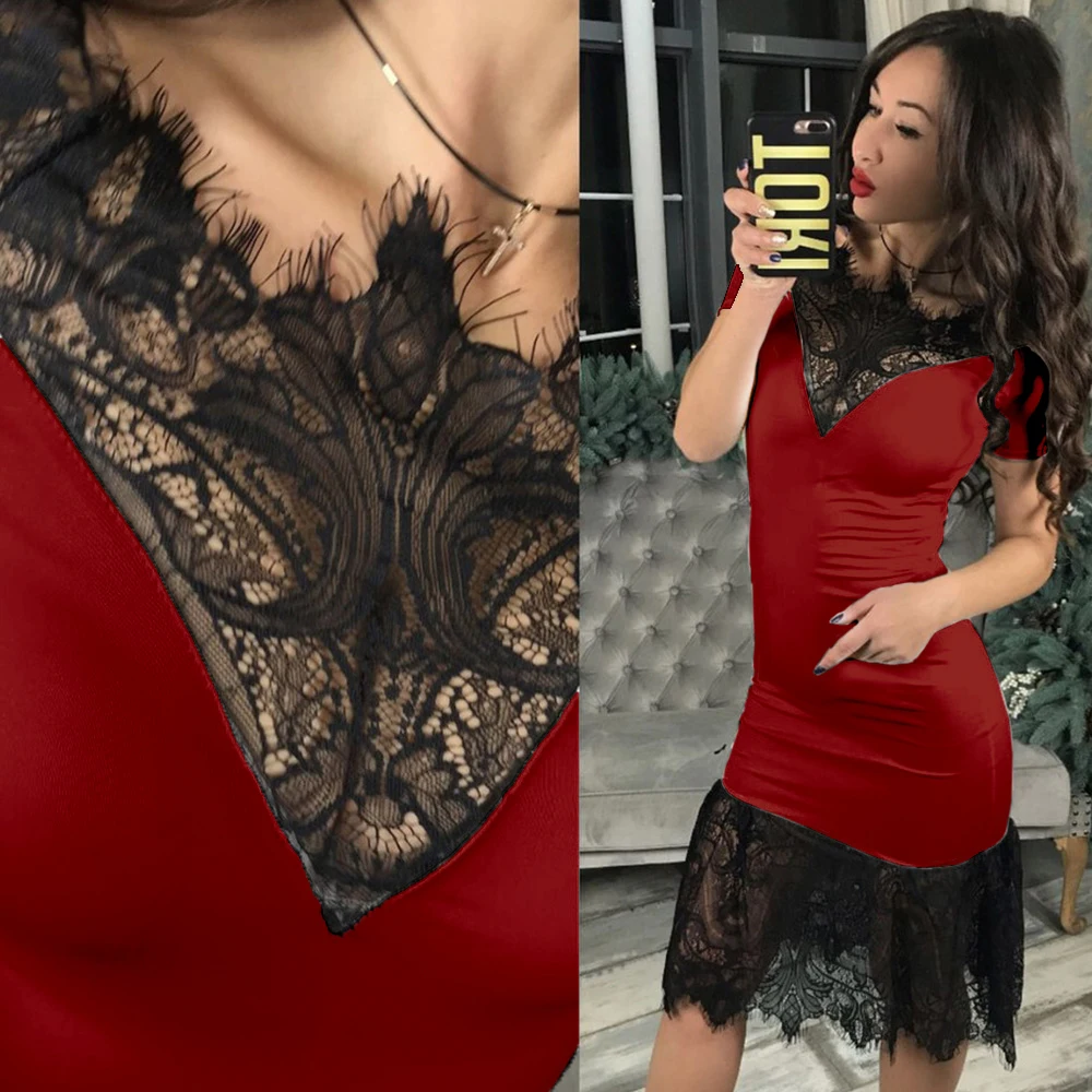 Sale New Women Sexy Lace Stitching Vintage Dress Lady Elegant Sheer V Neck Short Sleeve Skinny Pack Hip Dress Tight Clubwear D30
Sale New Women Sexy Lace Stitching Vintage Dress Lady Elegant Sheer V Neck Short Sleeve Skinny Pack Hip Dress Tight Clubwear D30