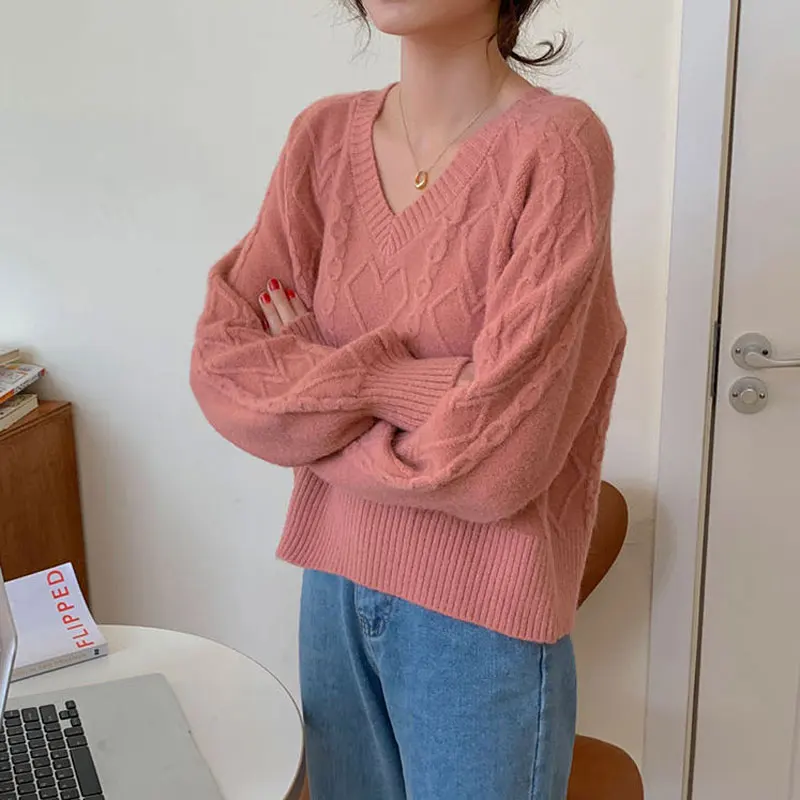 Vintage Solid Sweater Ladies V Neck Loose Knitted Top Jumper Pullover Korean Fashion Style Long Sleeve Crop Tops Women 2021
Vintage Solid Sweater Ladies V Neck Loose Knitted Top Jumper Pullover Korean Fashion Style Long Sleeve Crop Tops Women 2021