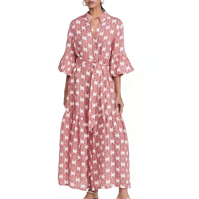 Fashion Runway Autumn Spring Long Dress Women Pink Blue Single Breasted Flare Sleeve Belt Printed Casual Dresses
Fashion Runway Autumn Spring Long Dress Women Pink Blue Single Breasted Flare Sleeve Belt Printed Casual Dresses
