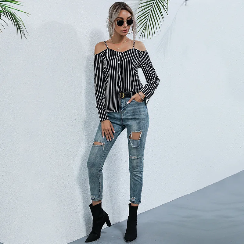 2021 Spring Summer New Ladies Fashion Chiaffon Tops Vertical Stripe Slash Neck Long Sleeve Shoulder Sling Women's Blouse
2021 Spring Summer New Ladies Fashion Chiaffon Tops Vertical Stripe Slash Neck Long Sleeve Shoulder Sling Women's Blouse