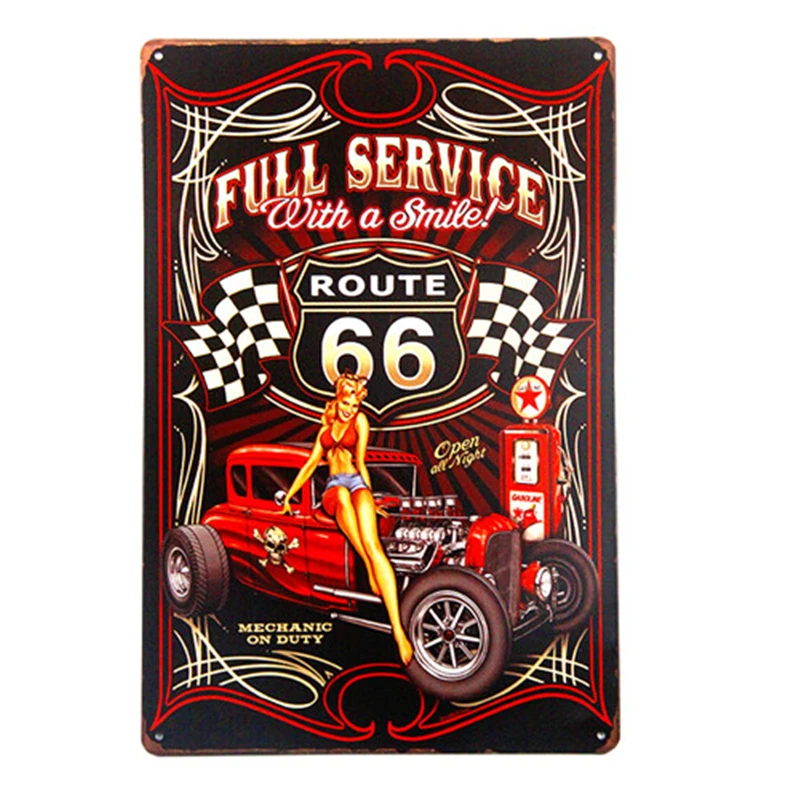 Полный сервис Hot Rod Route 66 высечка металлическая вывеска для девушек с улыбкой