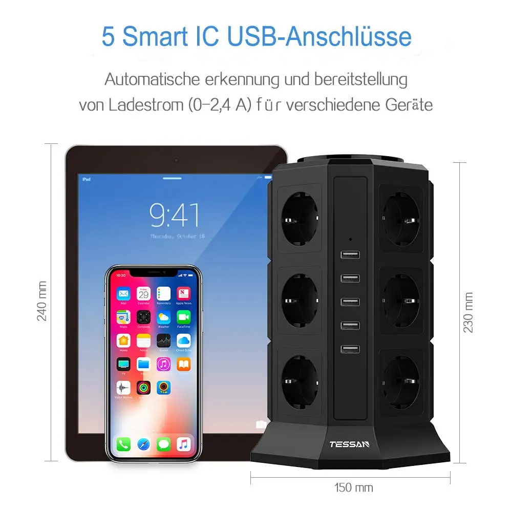 TESSAN 12-Way Socket Strip мульти розетка Power и 5 USB-портов зарядки с кабелем 2 0 м защитой от