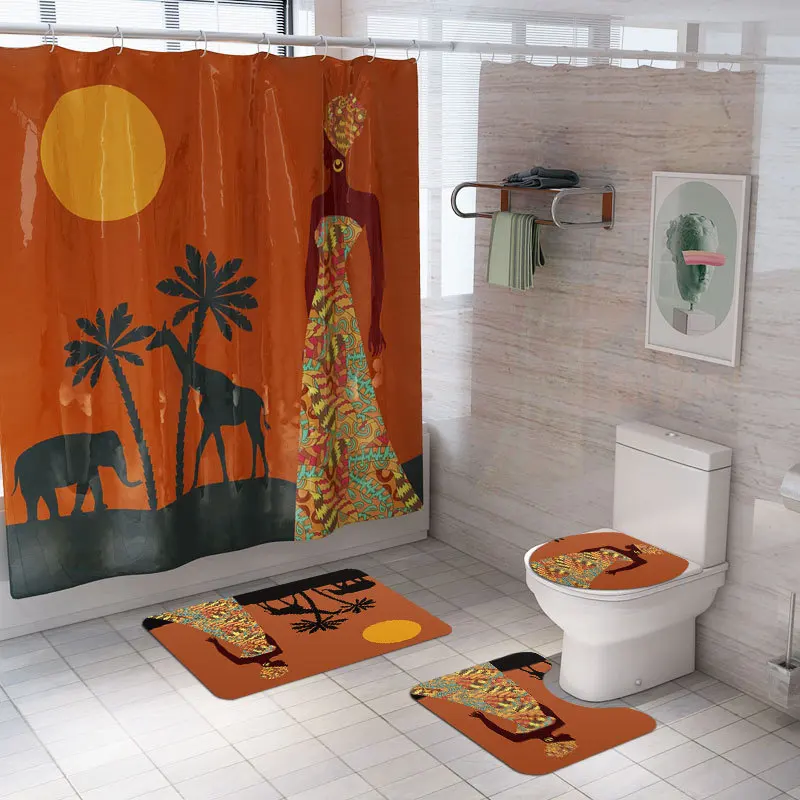 

African Girl Shower Curtain Africa Giraffe Elephant Bathroom Curtains Set Non-Slip Rugs Toilet Lid Cover Bath Carpet Home Decor