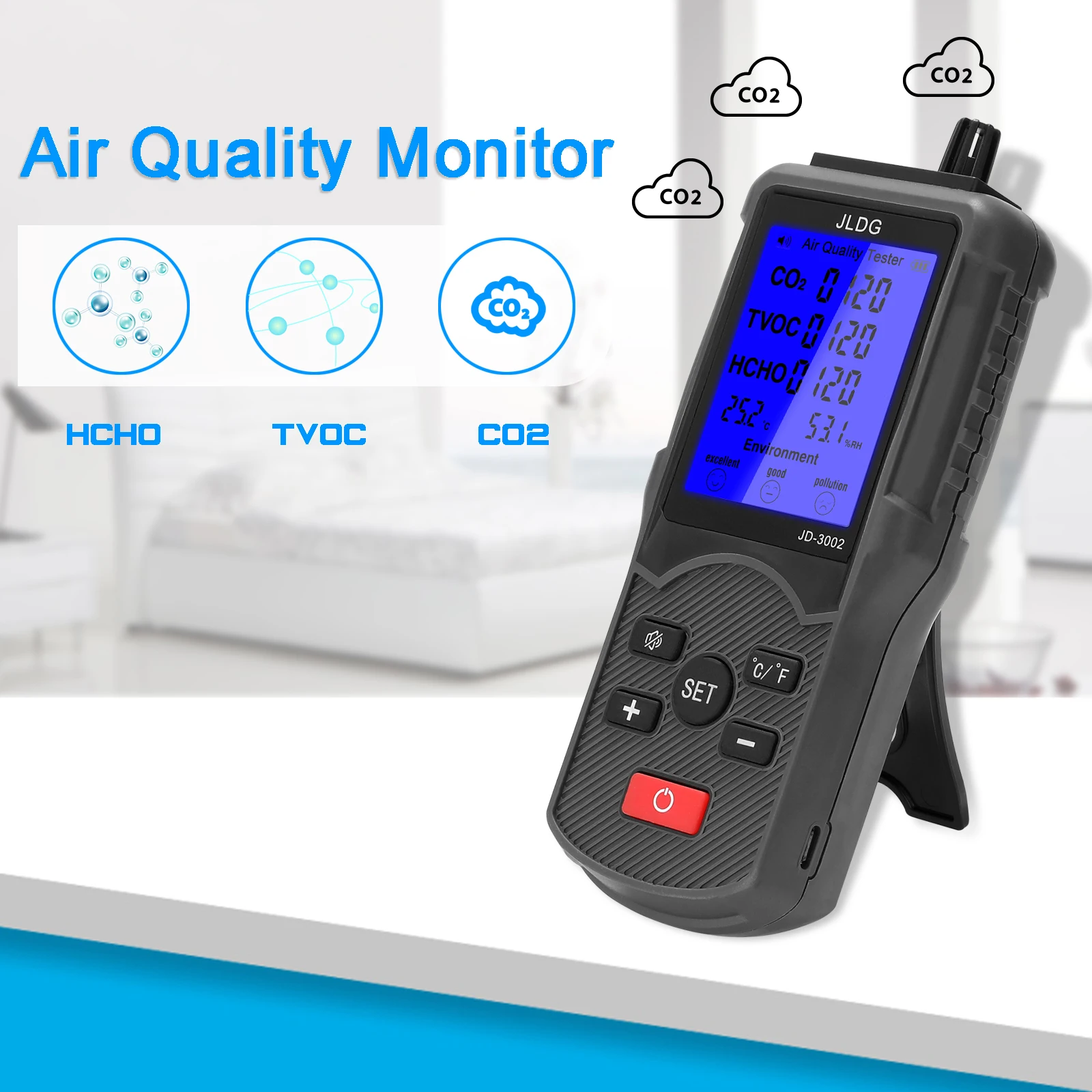 JD-3002 Air Quality Meter Multifunctional Air Quality Tester CO2 TVOC Meter Temperature Humidity Measuring Device Gas Detector
JD-3002 Air Quality Meter Multifunctional Air Quality Tester CO2 TVOC Meter Temperature Humidity Measuring Device Gas Detector