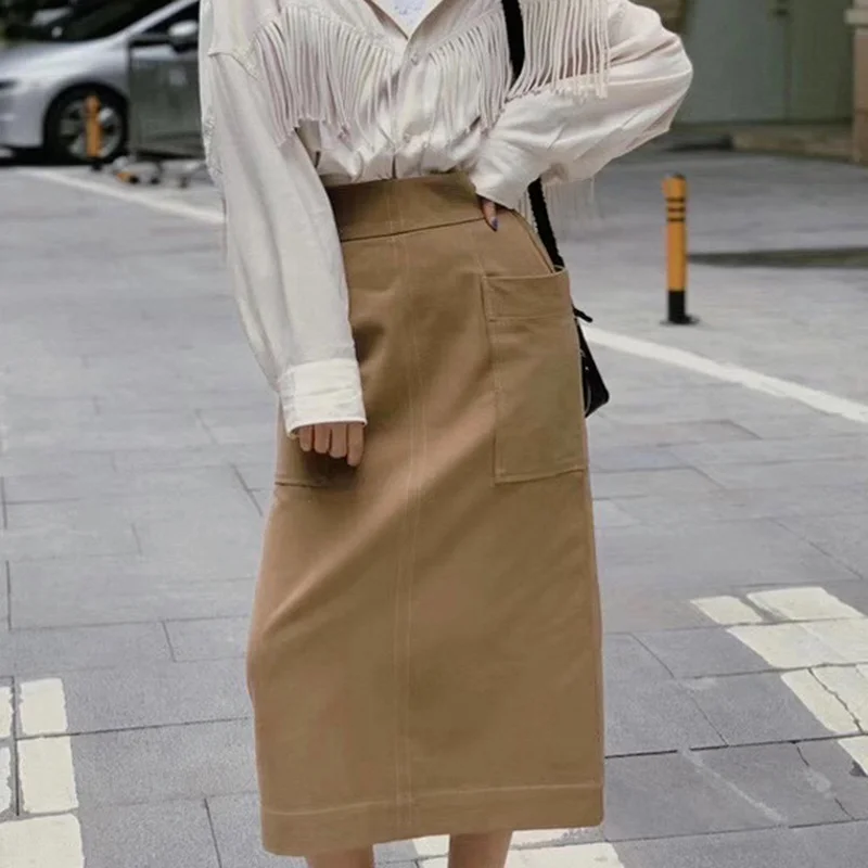 2021 Temperament Straight Skirts Women Pockets Decoration Slim Faldas Mujer Moda 2021 Spring Package Hip Feminino Jupe 
2021 Temperament Straight Skirts Women Pockets Decoration Slim Faldas Mujer Moda 2021 Spring Package Hip Feminino Jupe