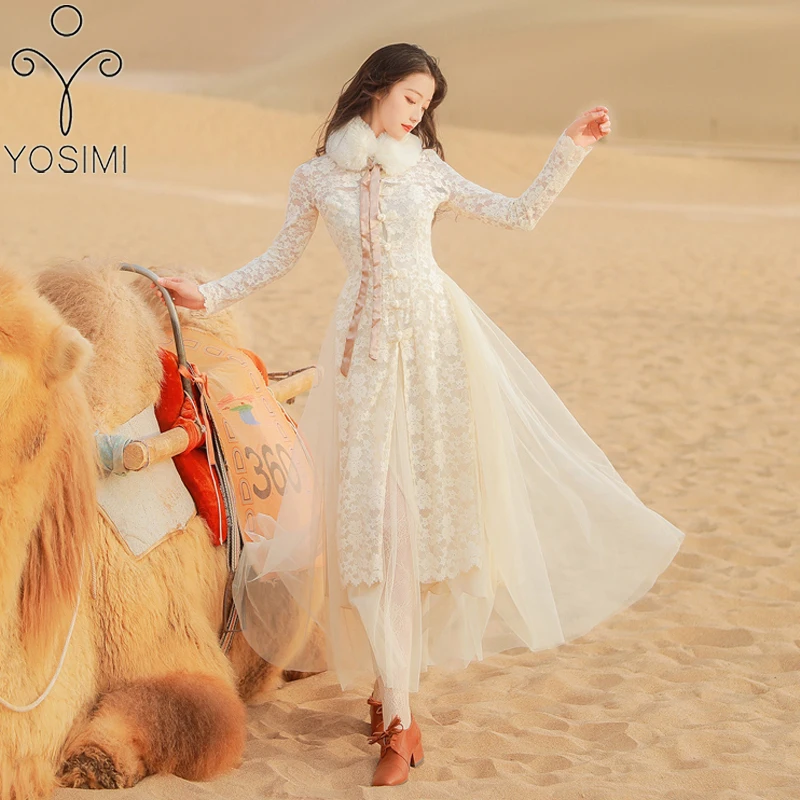 YOSIMI 2021 Spring Two Piece Outfits Women Full Sleeve Beige Lace Dress and Mesh Long Dresses Vintage Chinese Style 2 Piece Set
YOSIMI 2021 Spring Two Piece Outfits Women Full Sleeve Beige Lace Dress and Mesh Long Dresses Vintage Chinese Style 2 Piece Set