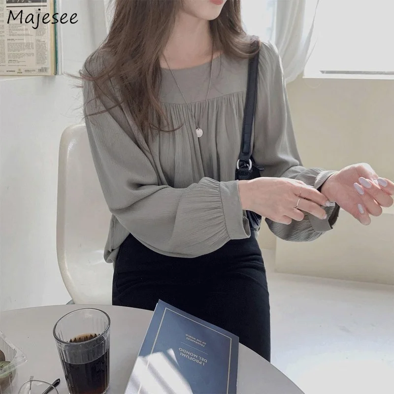 

Blouses Women French Style Tender Classy Minimalist Square Collar Basic Autumn New Arrival Feminino All-match Vintage Casual Top