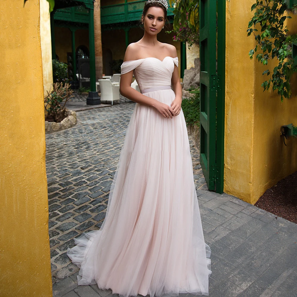 Elegant Pink Tulle Wedding Dresses A-Line Sweetheart Robe De Mariée Off The Shoulder Lace Up Bridal Gowns 2021
Elegant Pink Tulle Wedding Dresses A-Line Sweetheart Robe De Mariée Off The Shoulder Lace Up Bridal Gowns 2021