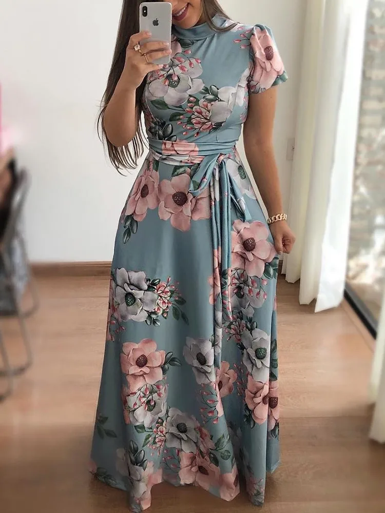 2021 fall new style European and American style flower print short-sleeved big dress women
2021 fall new style European and American style flower print short-sleeved big dress women