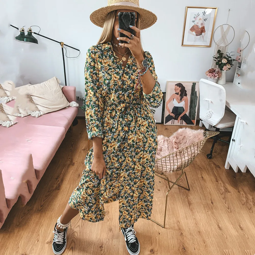 2020 Autumn New Women's Floral Printed Long Sleeve Lapel Maxi Shirt Dress Single-breasted Split Long Dress Vestido De Mujer
2020 Autumn New Women's Floral Printed Long Sleeve Lapel Maxi Shirt Dress Single-breasted Split Long Dress Vestido De Mujer