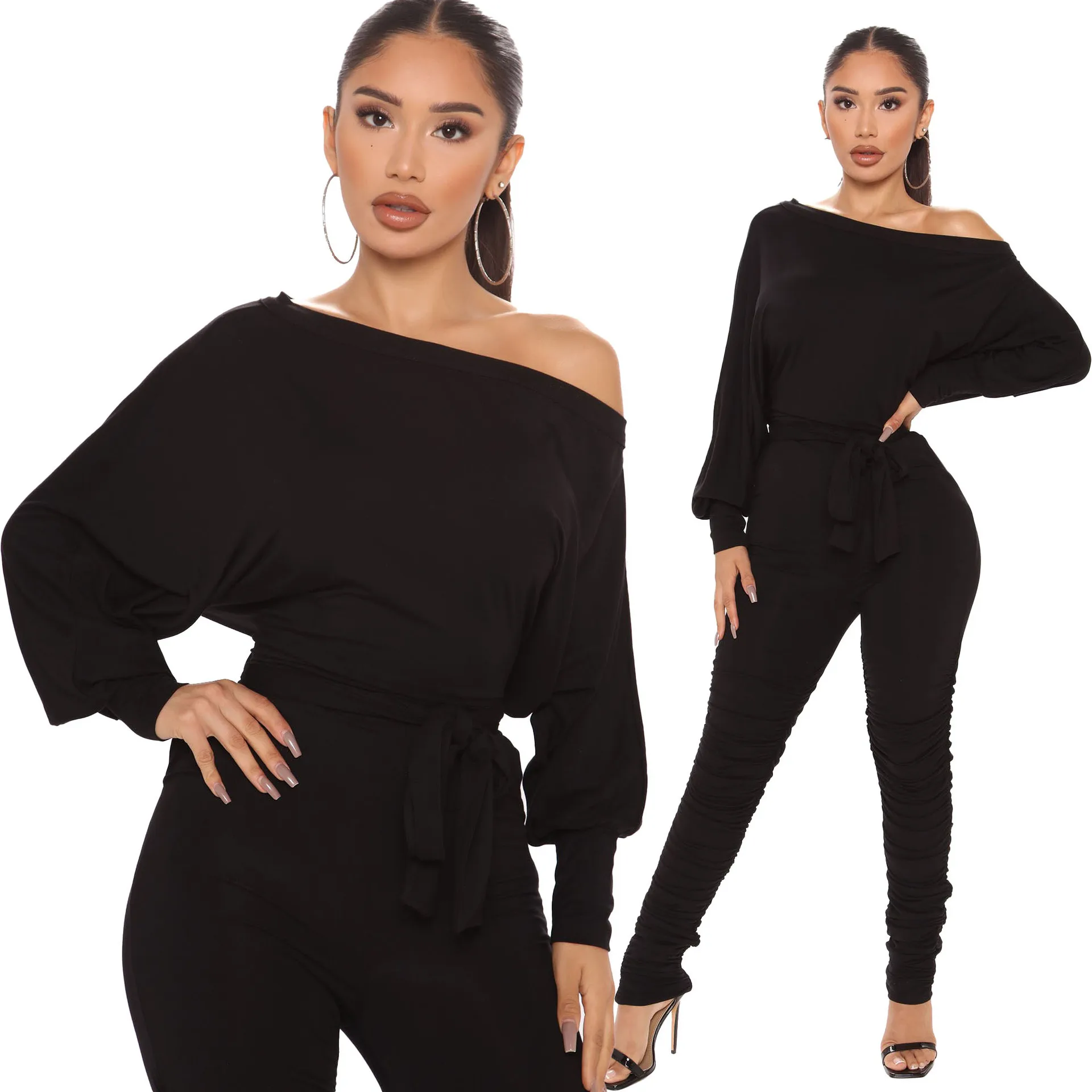 Women's Rompers Loose Solid Off-shoulder Elastic Waist Elastic Long Jumpsuit Lace Bow With Belt Bodysuit Rompers
Women's Rompers Loose Solid Off-shoulder Elastic Waist Elastic Long Jumpsuit Lace Bow With Belt Bodysuit Rompers