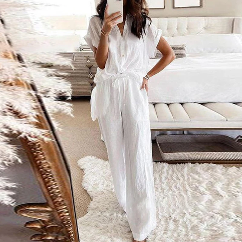 2Pc Sets Cotton Linen Women Shirts And Long Pants Casual Solid Short Sleeve Drawstring Trousers Suits Vintage Button Femme Sets
2Pc Sets Cotton Linen Women Shirts And Long Pants Casual Solid Short Sleeve Drawstring Trousers Suits Vintage Button Femme Sets