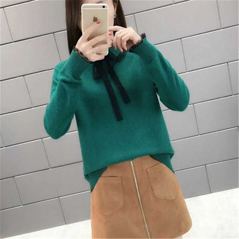 Autumn winter knitted sweaters women 2019 fashion Lace bow pullover student casual Long sleeve bottoming A2967 | Женская одежда