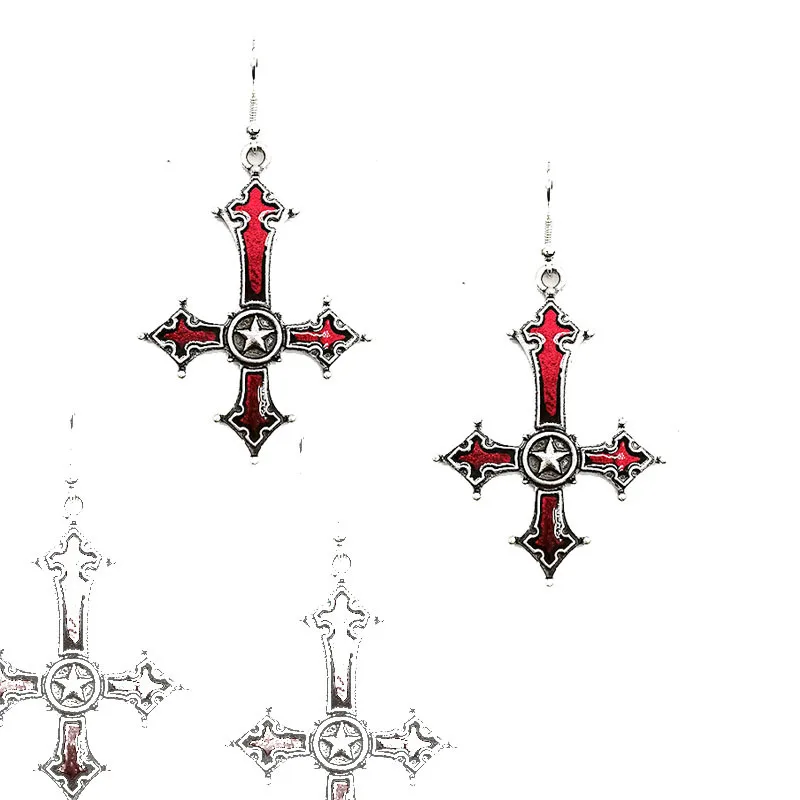 European and American style dark Gothic inverted cross matte black ancient silver red five pointed star Earrings 
European and American style dark Gothic inverted cross matte black ancient silver red five pointed star Earrings