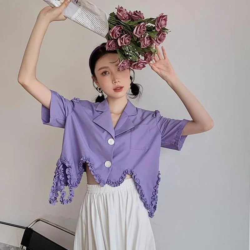 Korejepo Women Blazer 2021 Summer New Sweet Retro Purple Lace Hollow Short Shirt Irregular Profile Short-sleeved Suit Ladies Top 
Korejepo Women Blazer 2021 Summer New Sweet Retro Purple Lace Hollow Short Shirt Irregular Profile Short-sleeved Suit Ladies Top