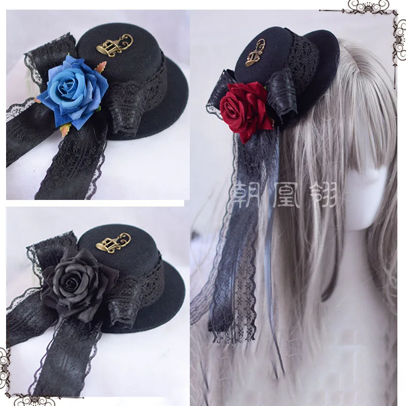 

Original Gothic Lolita Black Billycock Multicolored Flower Pill Hairpin Lolita Headdress Rose Lolita Hair Accessories