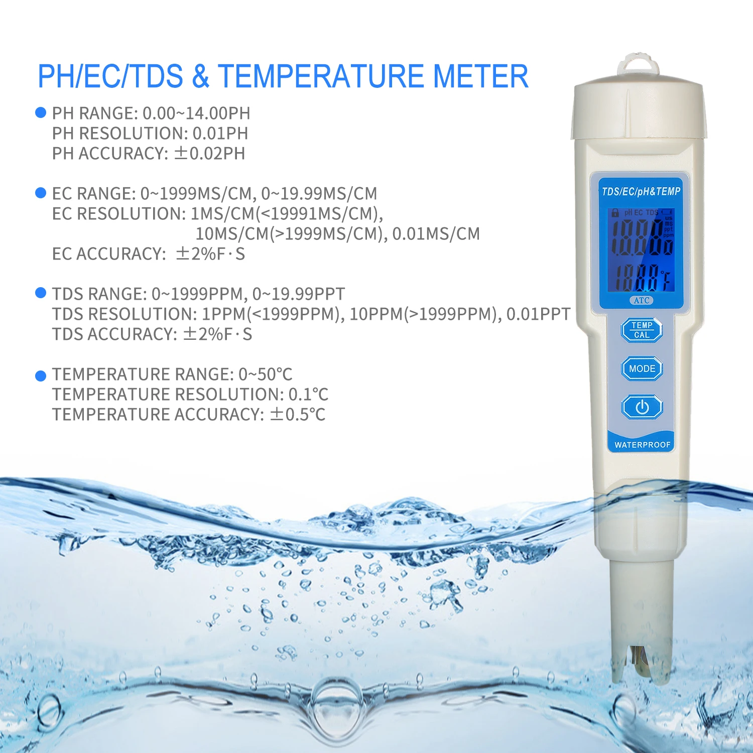4-in-1 Water Quality Tester Pen Waterproof Water Quality Analysis Instrument PH/EC/TDS Temperature Meter PH Meter
4-in-1 Water Quality Tester Pen Waterproof Water Quality Analysis Instrument PH/EC/TDS Temperature Meter PH Meter