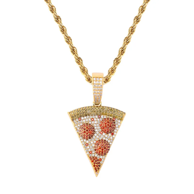 

OMYFUN Factory Price Custom Jewelry Pizza Pendant Necklace Colored CZ Iced Hiphop Bling Jewelry Hot Rapper's Bijoux Dropshipping