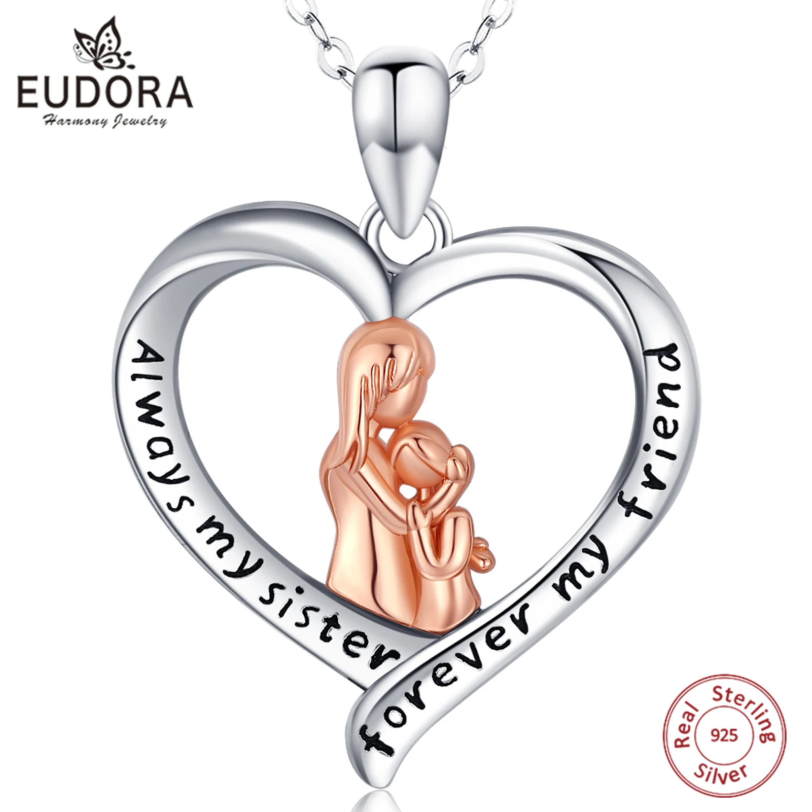 

Eudora 925 Sterling Silver Sister Heart Charm Pendant Good Friends Rose Gold Color necklace Friendship Jewelry for Sisters Gift