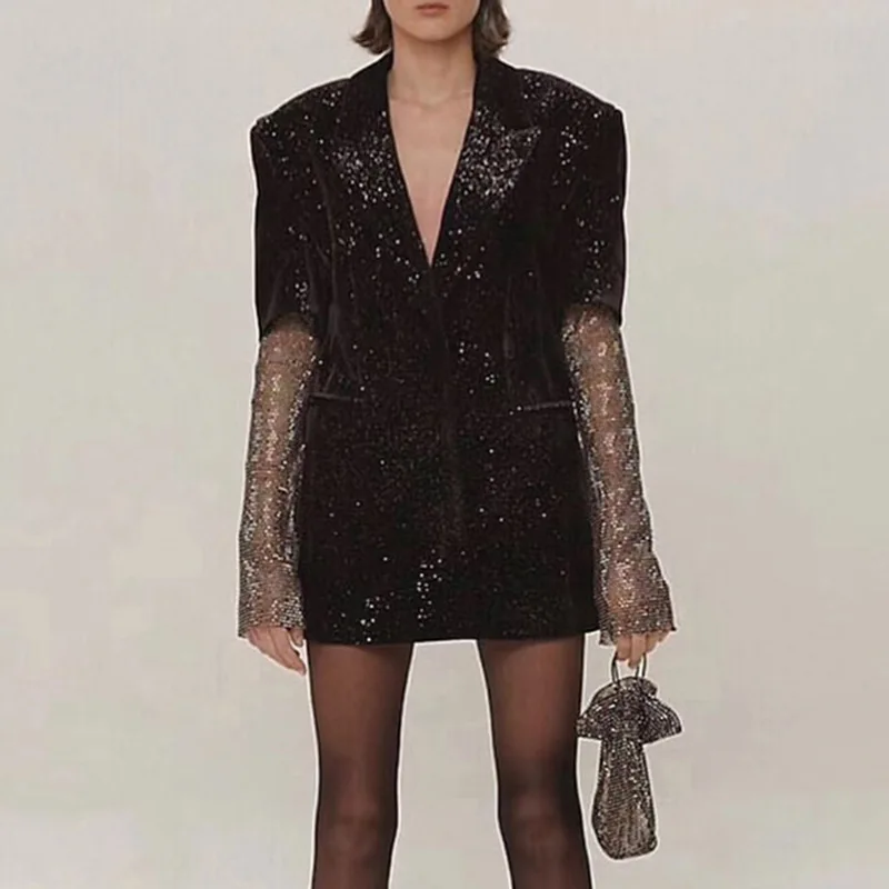 Hot Beads Bright Vermicelli Profile Mesh Yarn Long Sleeve Splice Black Small Suit Coat Women Solid Color Office Lady Work Style
Hot Beads Bright Vermicelli Profile Mesh Yarn Long Sleeve Splice Black Small Suit Coat Women Solid Color Office Lady Work Style