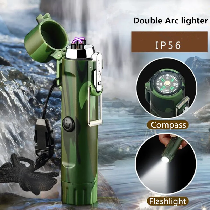 

New Compass and Flashlight USB Recharge Double Arc Cigarette lighter Waterproof Plasma Lighter Windproof Electronic Lighter