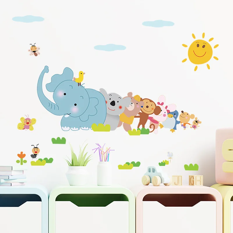 Счастливые Животные Слон Наклейка на стену с обезьянками для детской спальни