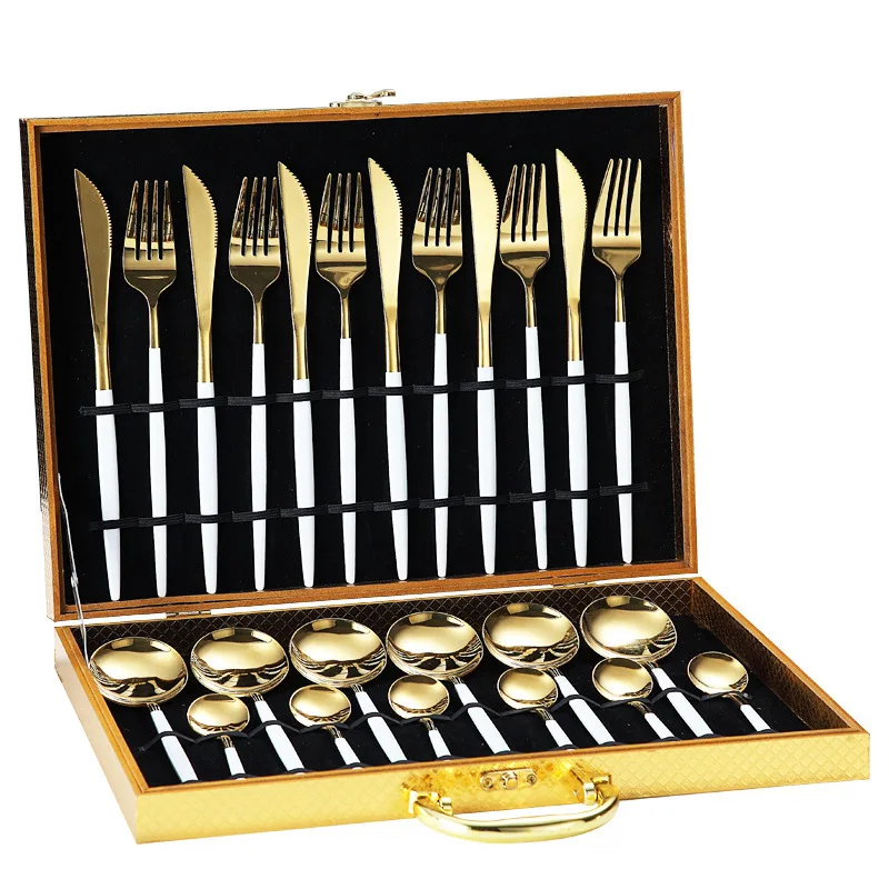 24pcs Gold Dinnerware Set Stainless Steel Tableware Set Knife Fork Spoon Luxury Cutlery Set Gift Box Flatware Dishwasher Safe
24pcs Gold Dinnerware Set Stainless Steel Tableware Set Knife Fork Spoon Luxury Cutlery Set Gift Box Flatware Dishwasher Safe