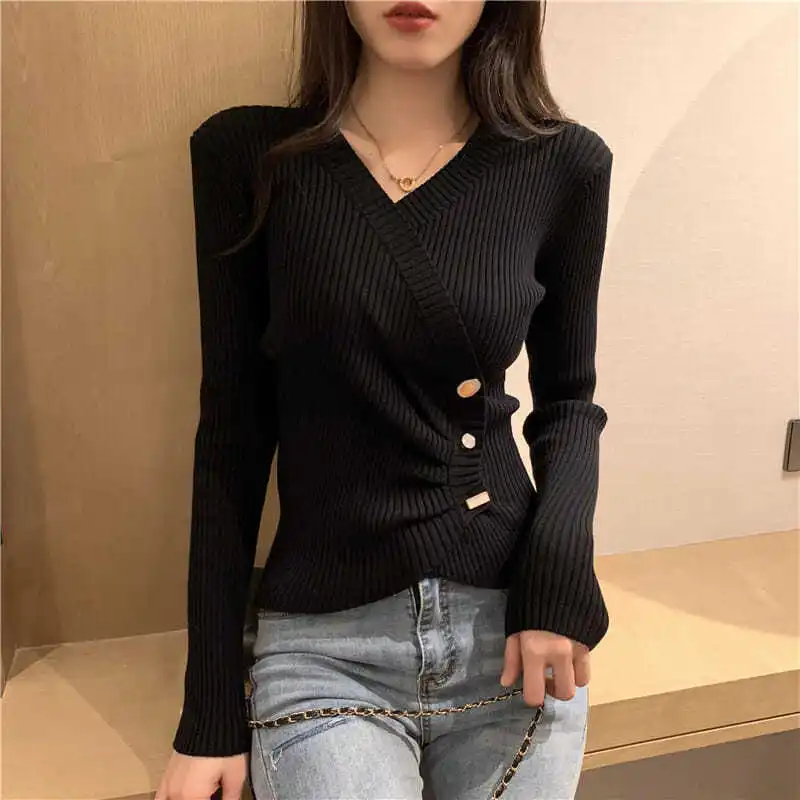 Black V Neck Ribbed White Solid Jumpers Pullover Striped Sweater Blouse Knitted Long Sleeve Sueter Mujer Women Button Ins Tops
Black V Neck Ribbed White Solid Jumpers Pullover Striped Sweater Blouse Knitted Long Sleeve Sueter Mujer Women Button Ins Tops