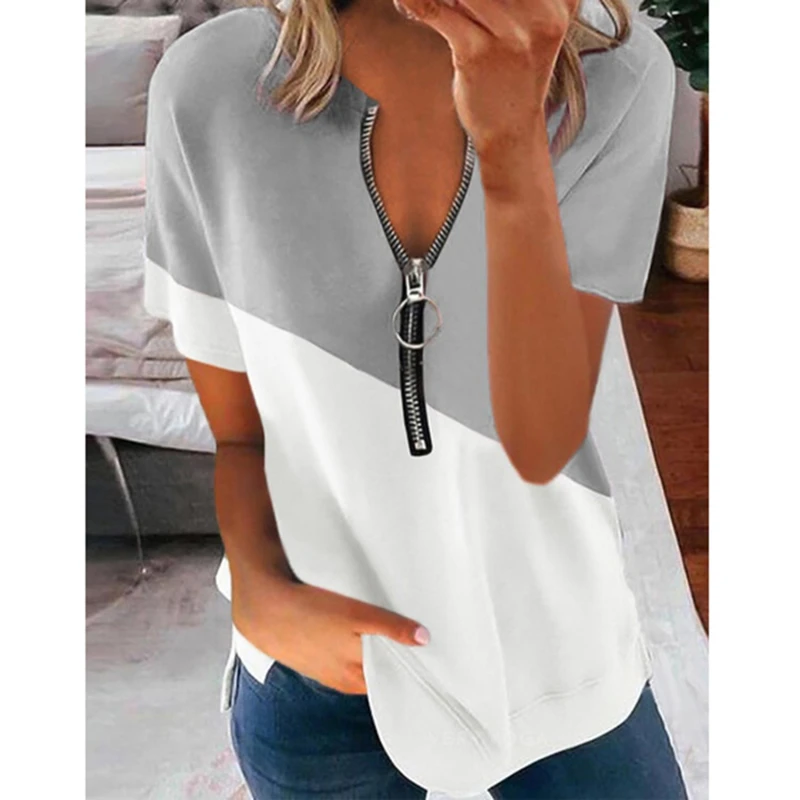 Casual Patchwork Front Zipper Fashion T Shirts V Neck Short Sleeve Loose T Shirt Ladies New Y2K Tops
Casual Patchwork Front Zipper Fashion T Shirts V Neck Short Sleeve Loose T Shirt Ladies New Y2K Tops